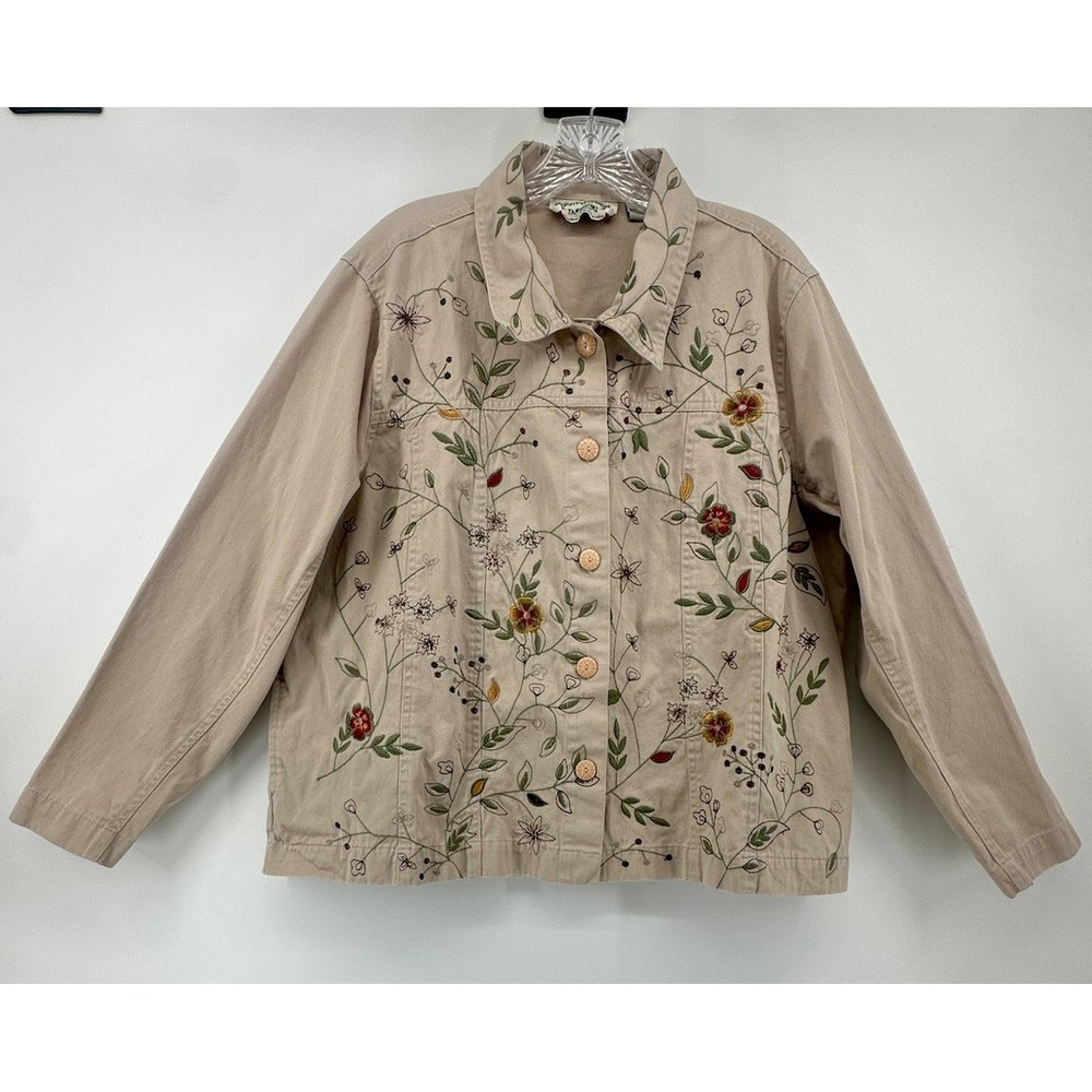 Vintage Tantrums Beige Embroidered Floral Button Up Jacket Women's XXL Cotton